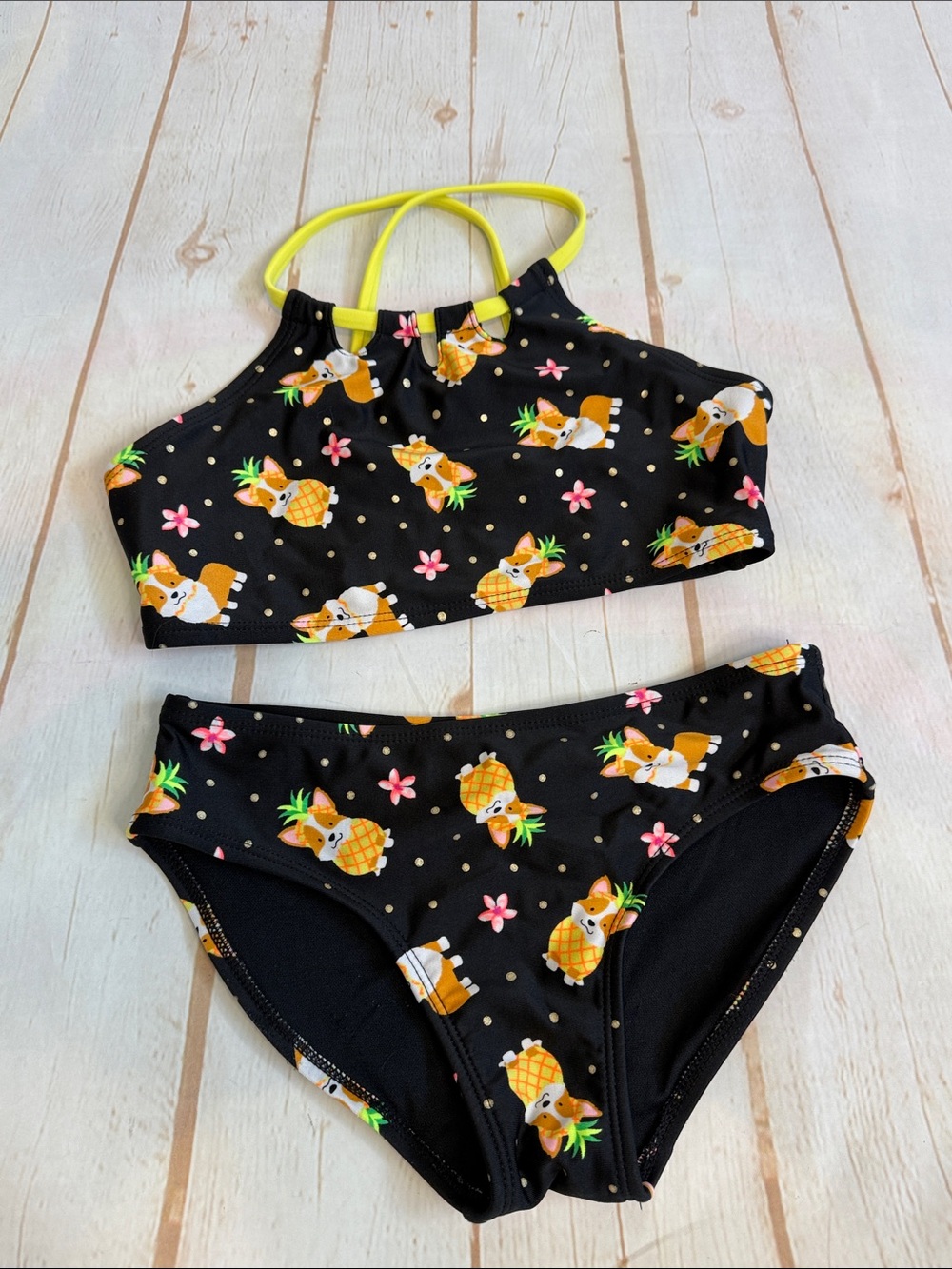 Cat & Jack Black Pineapple Corgi Two-Piece Cutout Neck Strappy Swim Set